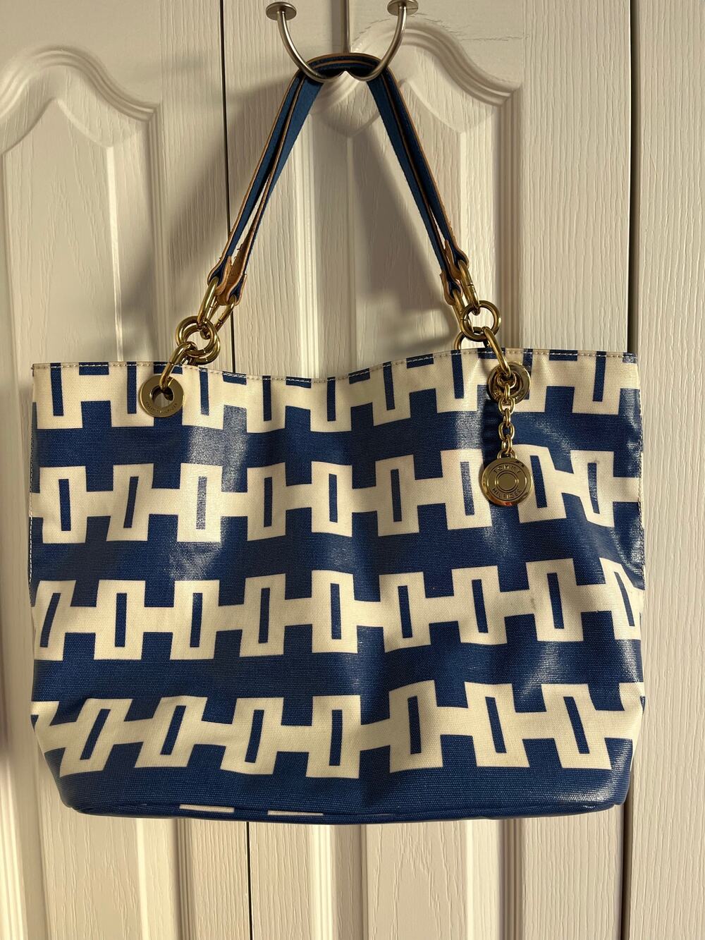 Tommy Hilfiger Blue White Logo Tote Bag Gold Chain Leather Straps
